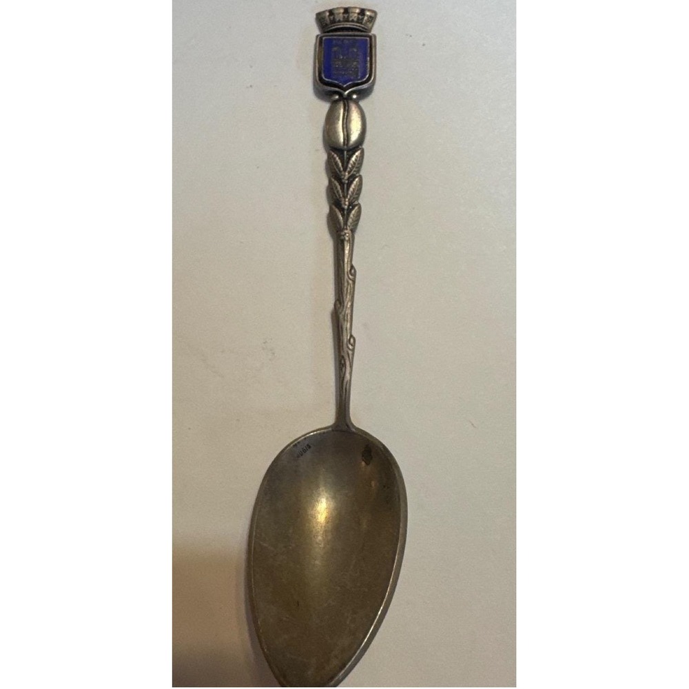 Vintage Paris France Souvenir Spoon Blue Enamel‎ Crest Coffee Bean Leaf Design